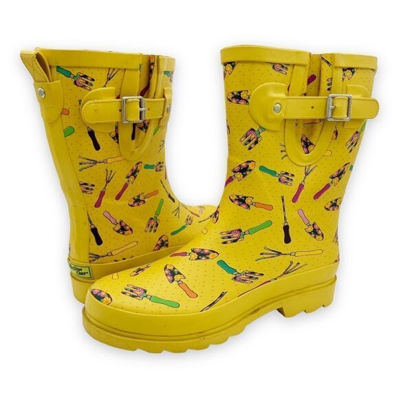 Western Chief Yellow In the Garden Print Mid-Calf Rubber Rain Boots Sz 8 - Picture 2 of 14